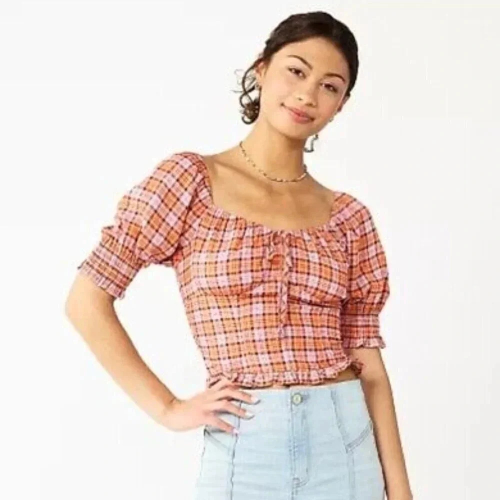 SO Pink & Orange Plaid Peasant Puff Short Sleeve Crop Top XS